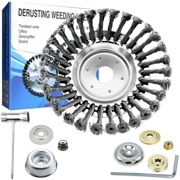 HXXF 8 Inch Rotary Steel Wire Weed Brush Blade with 2 Pack Different Adapter Kit Included - Round Steel Wire Brush Compatible with Husqvarna, Stihl, Oregon, and Hitachi Straight Shaft Trimmers