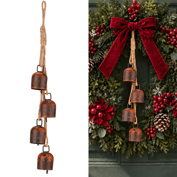 HXXF Christmas Bells for Decoration, Decorative Bells, Metal Indoor and Outdoor Blessing Bells, 4PCS Harmonious Bells, Vintage Handmade and Rustic Lucky Christmas Bells Hanging on a Rope, Style 1