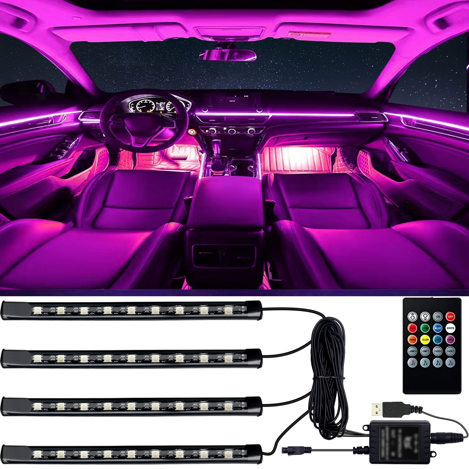 HXXF Interior Car Lights, Car Led Lights Interior 4 Pcs 36 Led Strip Light for Car with Remote, Music Sync Color Change RGB Under Dash Car Lighting with Car Charger 12V 2A LED Lights for Car (RGB)