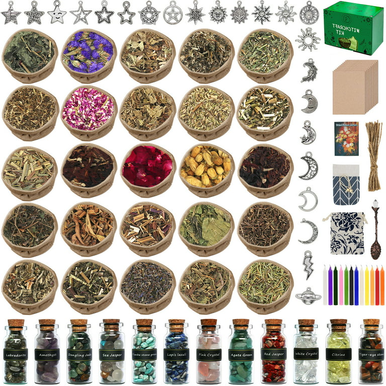 HXXF Witchcraft Supplies Kit 110 PCS, Beginner Witchcraft Kit for Altar  Supplies,Wiccan Supplies and Tools- Crystal Jars, Dried Herbs, Colored