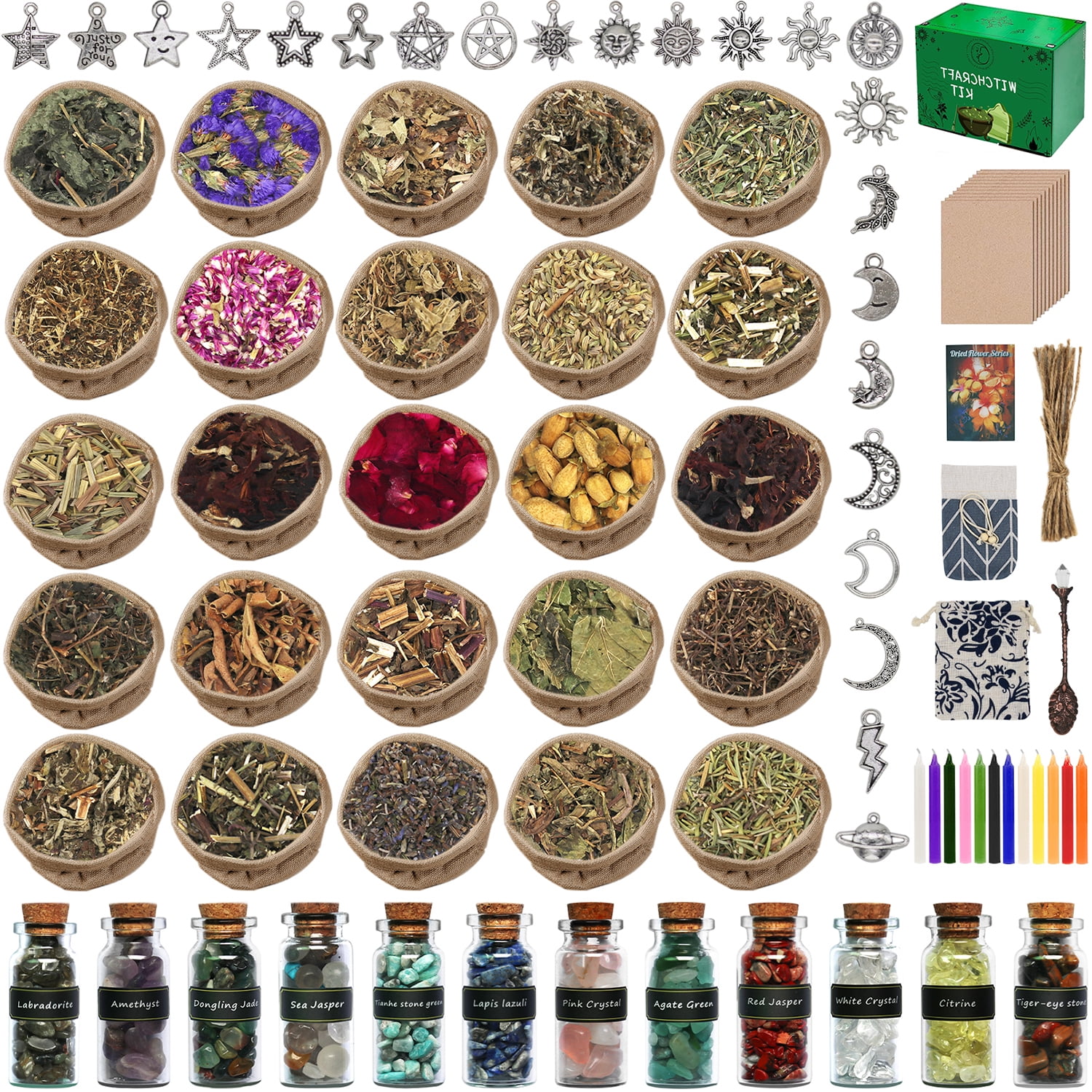 HXXF Witchcraft Supplies Kit 110 PCS, Beginner Witchcraft Kit for Altar Supplies,Wiccan Supplies and Tools- Crystal Jars, Dried Herbs, Colored Candles, Spiritual Items for Witch Spells Altar Decor