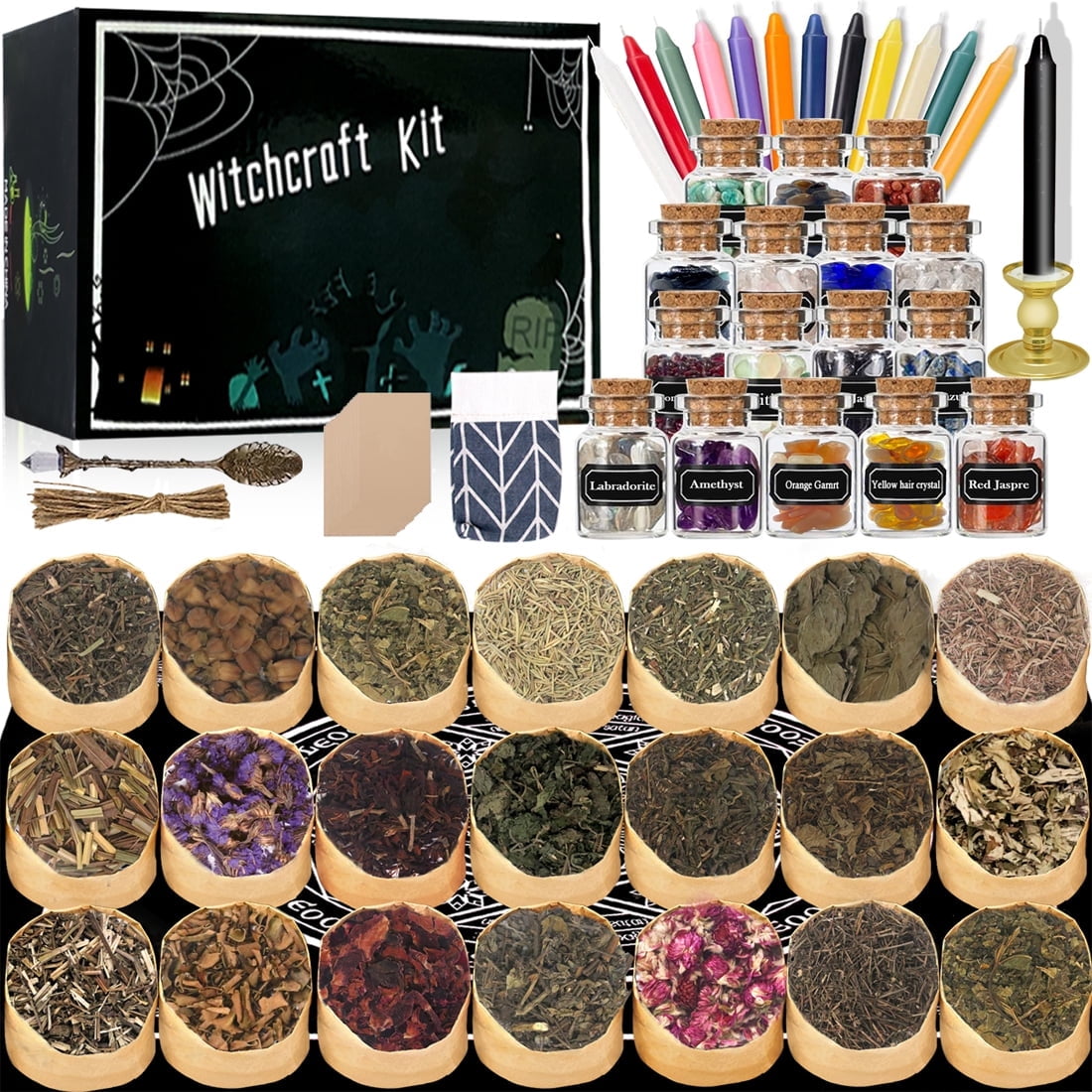 HXXF Witchcraft Supplies Kit for Witch Spells – 85 PCS Beginner Witch Starter Kit Crystals Jars Dried Herbs and Colored Candles for Witches Pagan Altar Decor - Wiccan Supplies and Tools