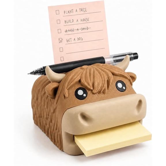 HXYWRMA 3D Printed Highland Cow Sticky Note Holder, Desk Organizer | Includes 3 Reusable Stencils, Pen Rest and Photo Slot, Cute Desk Accessory for Office, School and Home,brown