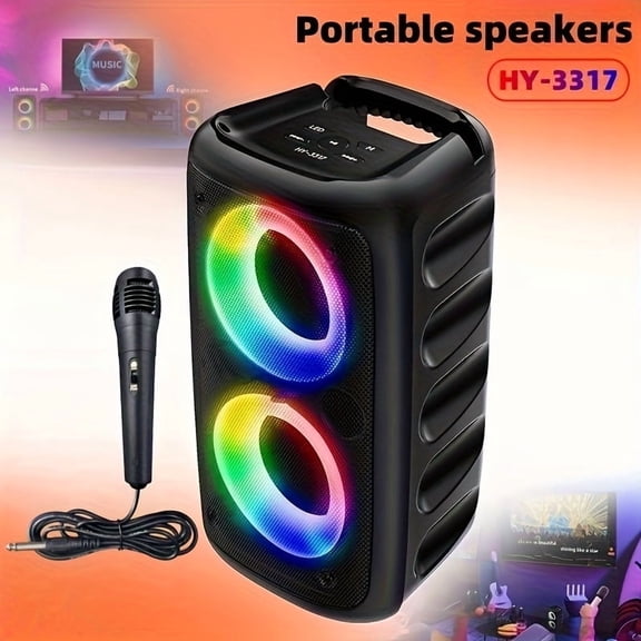 HY-3317 Wireless Speaker with Mic, Large Portable Subwoofer, Outdoor Party Speaker with Disco Lights, TWS, TF/AUX/MIC Inputs for Home & Outdoor Entertainment