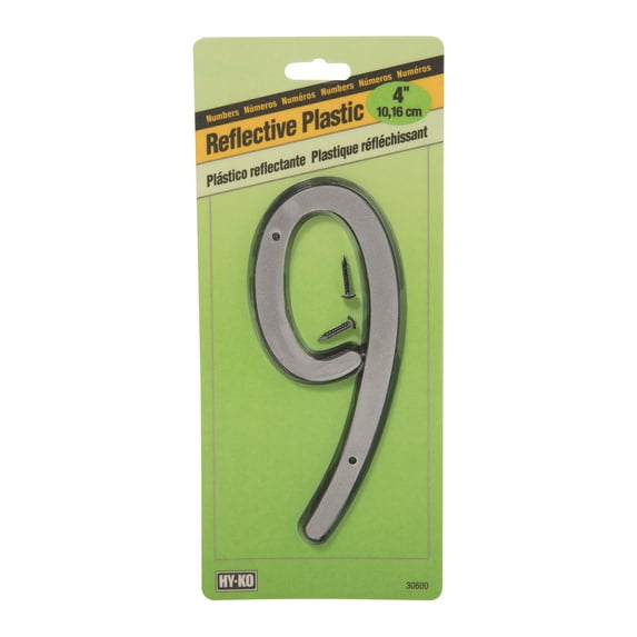 HY-KO 4" Silver Reflective House Address Number 9, Plastic, Includes Mounting Nails