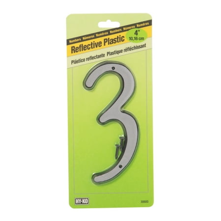 HY-KO 4" Silver Reflective House Address Number 3, Plastic, Includes Mounting Nails