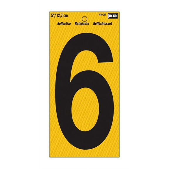 Hy-Ko Reflective Number Sign - Black Character 6 - 5 In H, Vinyl, Outdoor Use