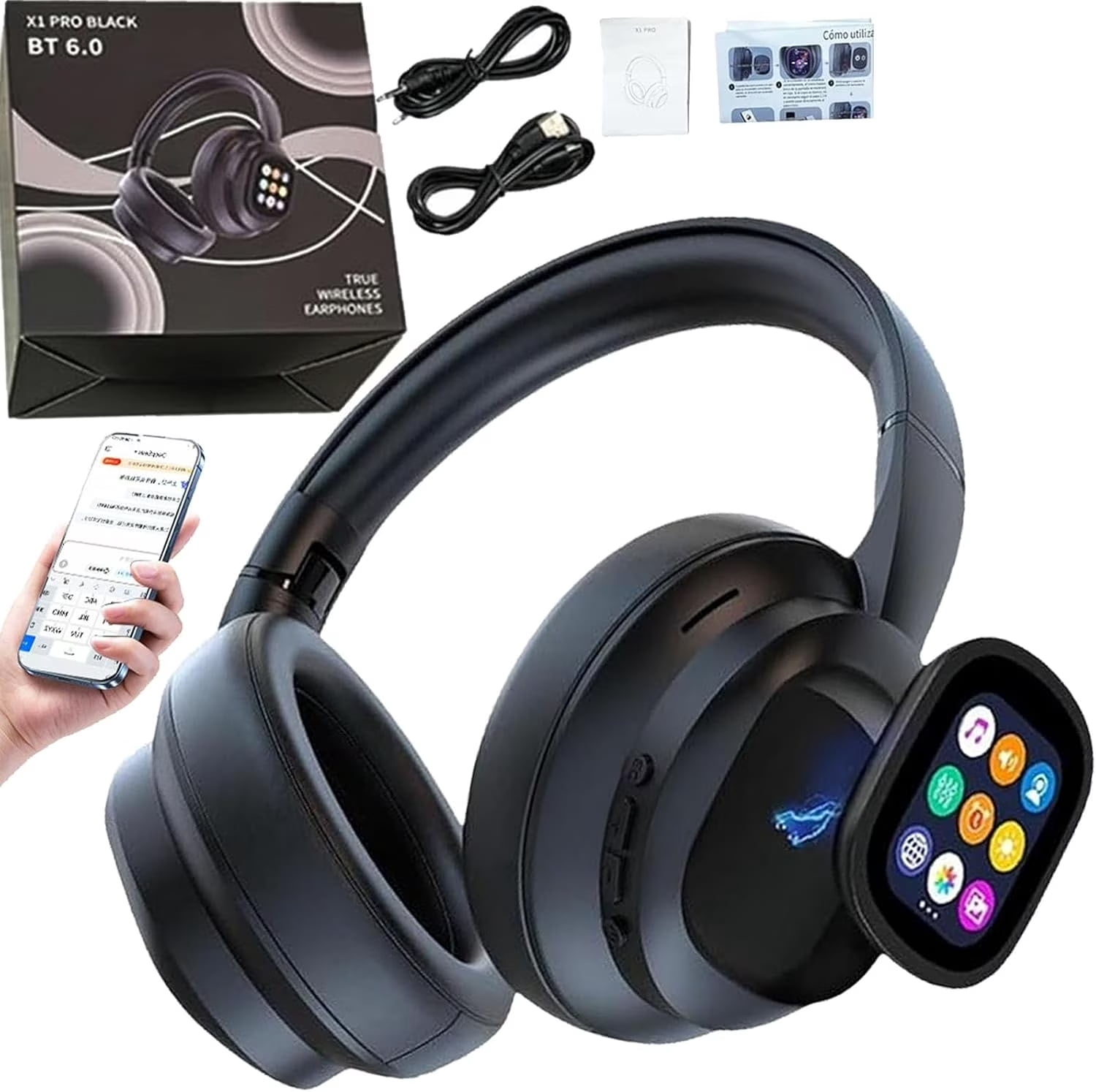 HY-X1 Pro AI Translation Wireless Headphones with Detachable Full Color LCD Touch Screen, Support 169 Languages Bluetooth Translation Function, for Travel Business(1Pc)
