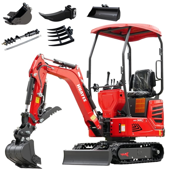 HY14C 1.4T Mini Excavator 13.5HP B&S Gas Engine w/Side Swing, Hydraulic Thumb & Quick Coupler - Includes 200mm Digging Bucket, 800mm Bucket, Rake, Ripper, Auger & Delivery/Unloading Service