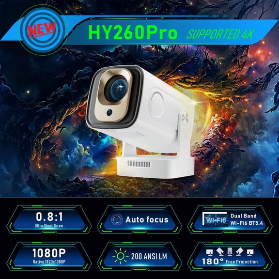 HY260 Pro Mini Projector Native 1080P with WiFi Bluetooth Auto Focus & Keystone 180° Rotating Portable Movie Projector for Home Bedroom Outdoor Supports Phone/Laptop