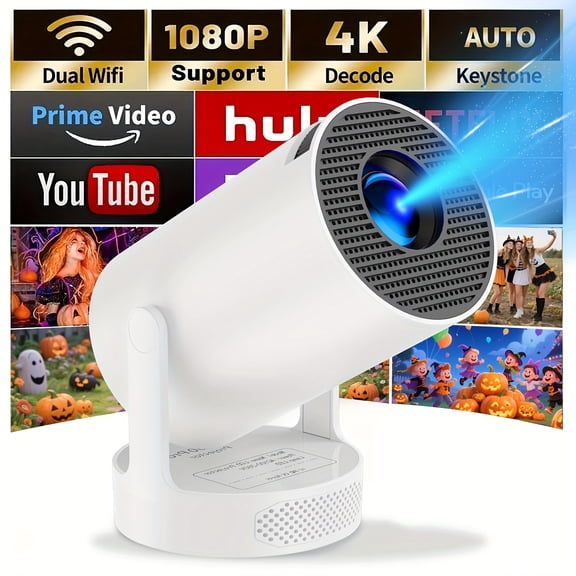HY300 Mini Portable Projector Support 4K Native 1080p, Intelligent Projector Automatic Level Correction, 180 ° Can Rotate Outdoor Projector, Compatible Mobile Phone, Ideal Gift