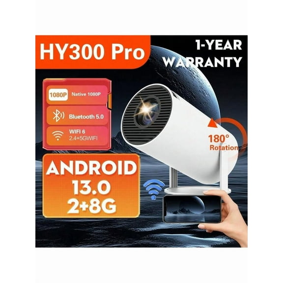 HY300 PRO Mini Portable Projector, Supports 4K 1080P, Equipped With Dual- WIFI6 5G Wireless 5.0 Bluetooth 300 ANSI, 180° Rotatable, Automatic Keystone Correction, 35-130 Inch Screen Video Projector