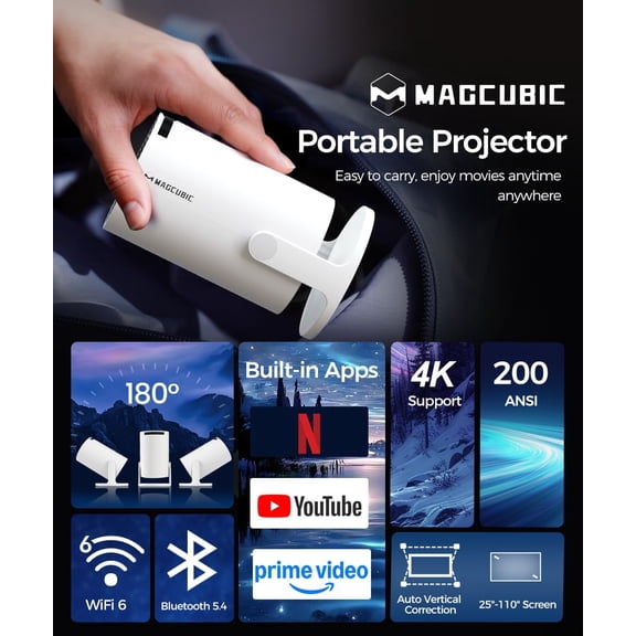 HY300PRO Mini Projector with WiFi and Bluetooth, 4K Support 200ANSl Smart Portable Projector, AutoKeystone, 180 ° Rotation, Home Video Proyector for Home, Bedroom, Outdoor Android 14