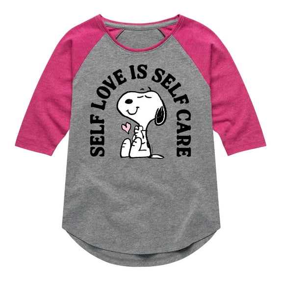 HYBRID APPAREL - Peanuts - Self Love Is Self Care - Toddler & Youth Girls Raglan Graphic T-Shirt