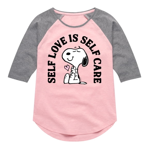 HYBRID APPAREL - Peanuts - Self Love Is Self Care - Toddler & Youth Girls Raglan Graphic T-Shirt