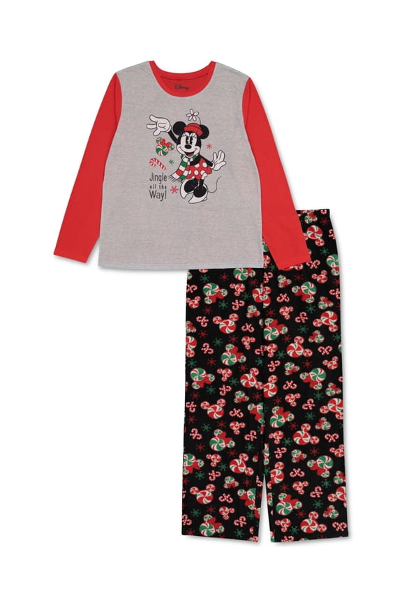 Sets Gray Elastic Band Graphic Long Sleeve Scoop Neck T-Shirt Straight leg Holiday Size M