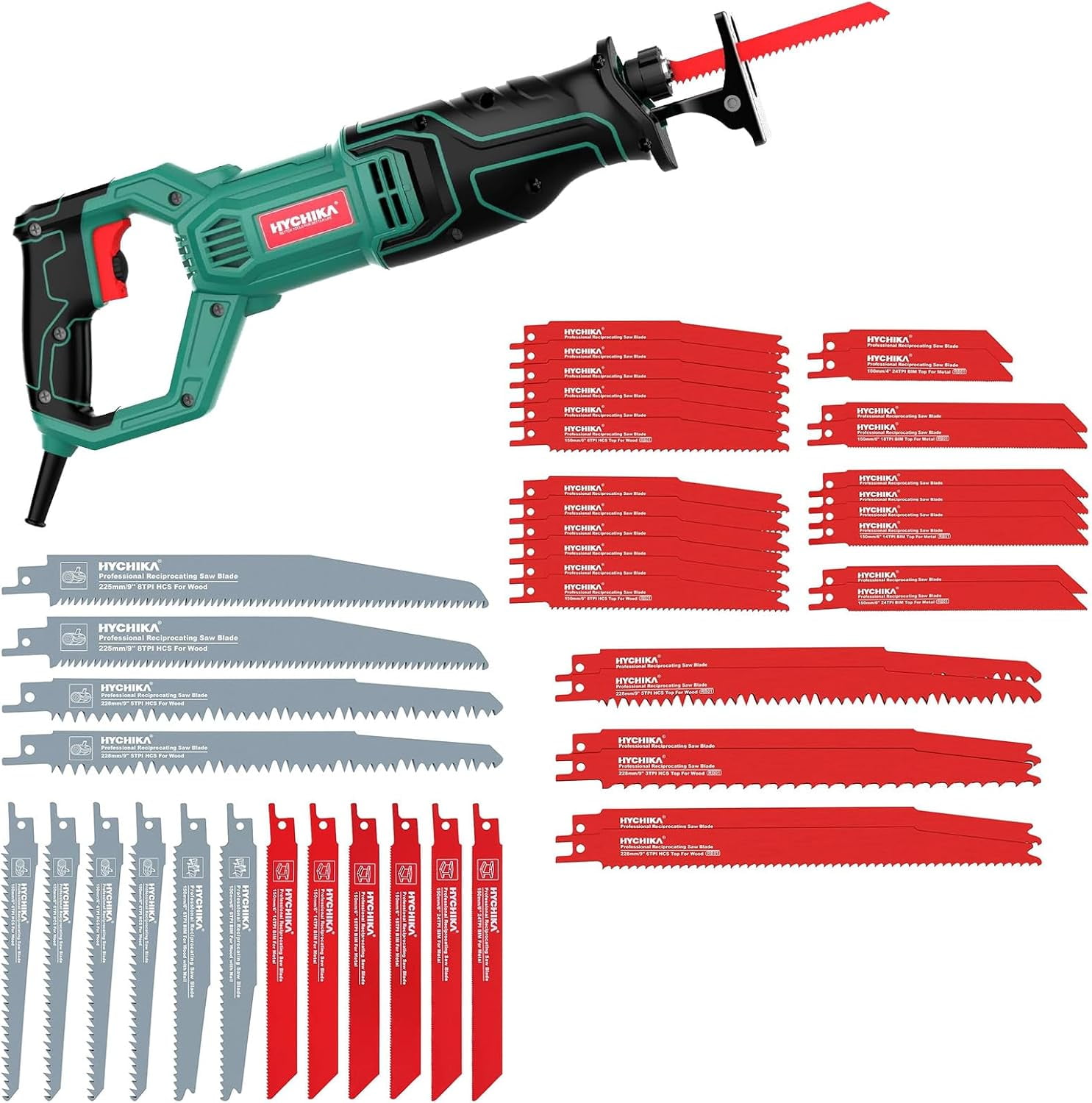 HYCHIKA 16-Pieces Reciprocating Saw Blades set and Reciprocating Saw with 32-Piece Reciprocating Saw Blade Set