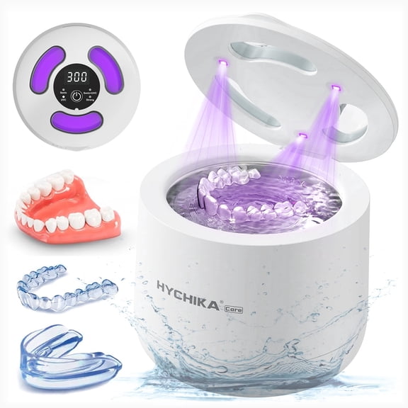 HYCHIKA Ultrasonic Retainer Cleaner Machine with UV, 4 Modes, 45kHz, for Retainers, Night Guards, Dentures, 200 mL, 1-Count