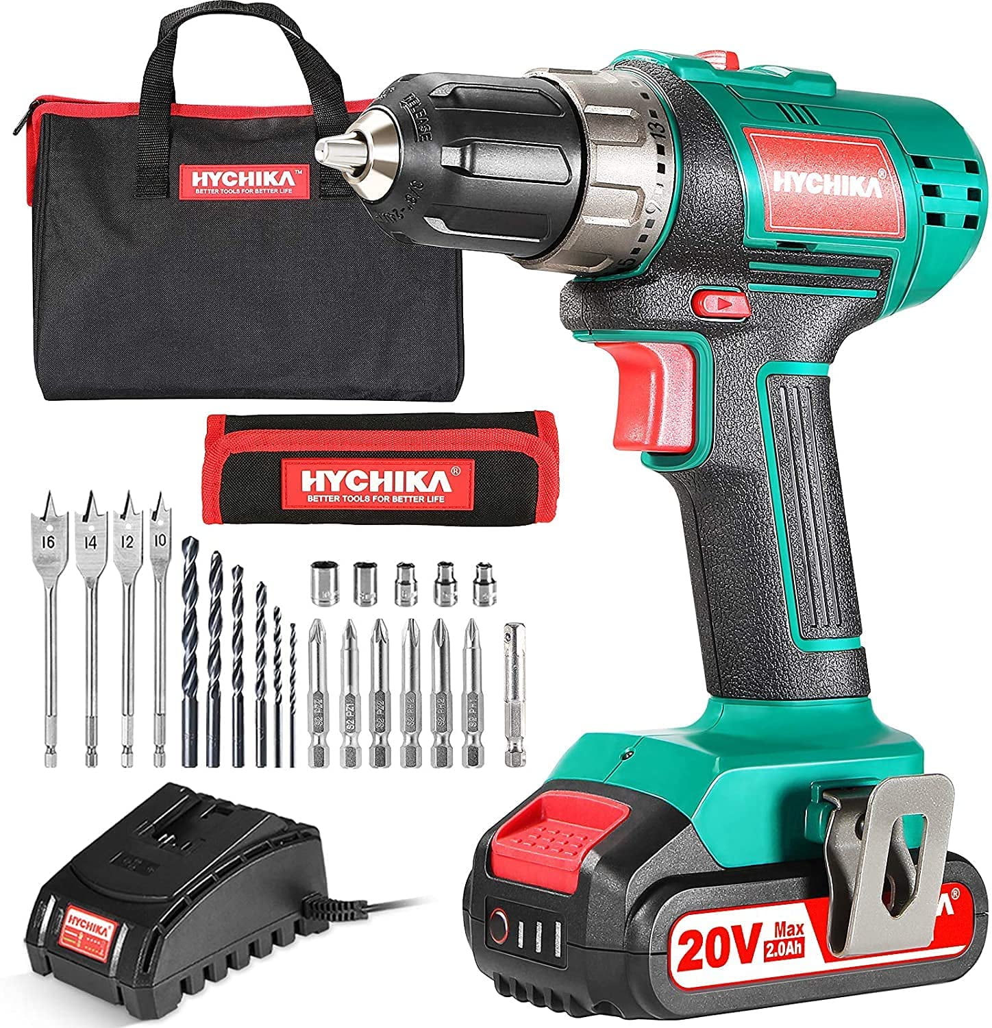 HYCHIKA 20V Cordless Drill Driver 3/8-inch Project Kit 21+1 Clutch with 2 Variable Speed, 2.0Ah Li-Ion Battery