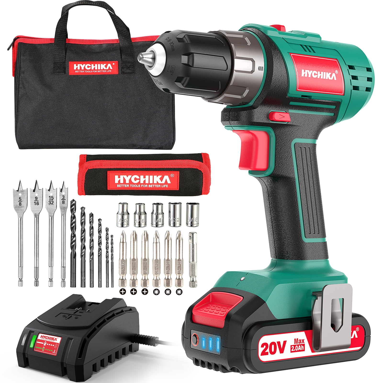 HYCHIKA 20V Cordless Drill Driver, Power Drill Set 330 in-lb Torque, 2.0Ah Li-Ion Battery, 1h Fast Charger, 21+1 Clutch, 2 Gears Variable Speed Built-in LED Light