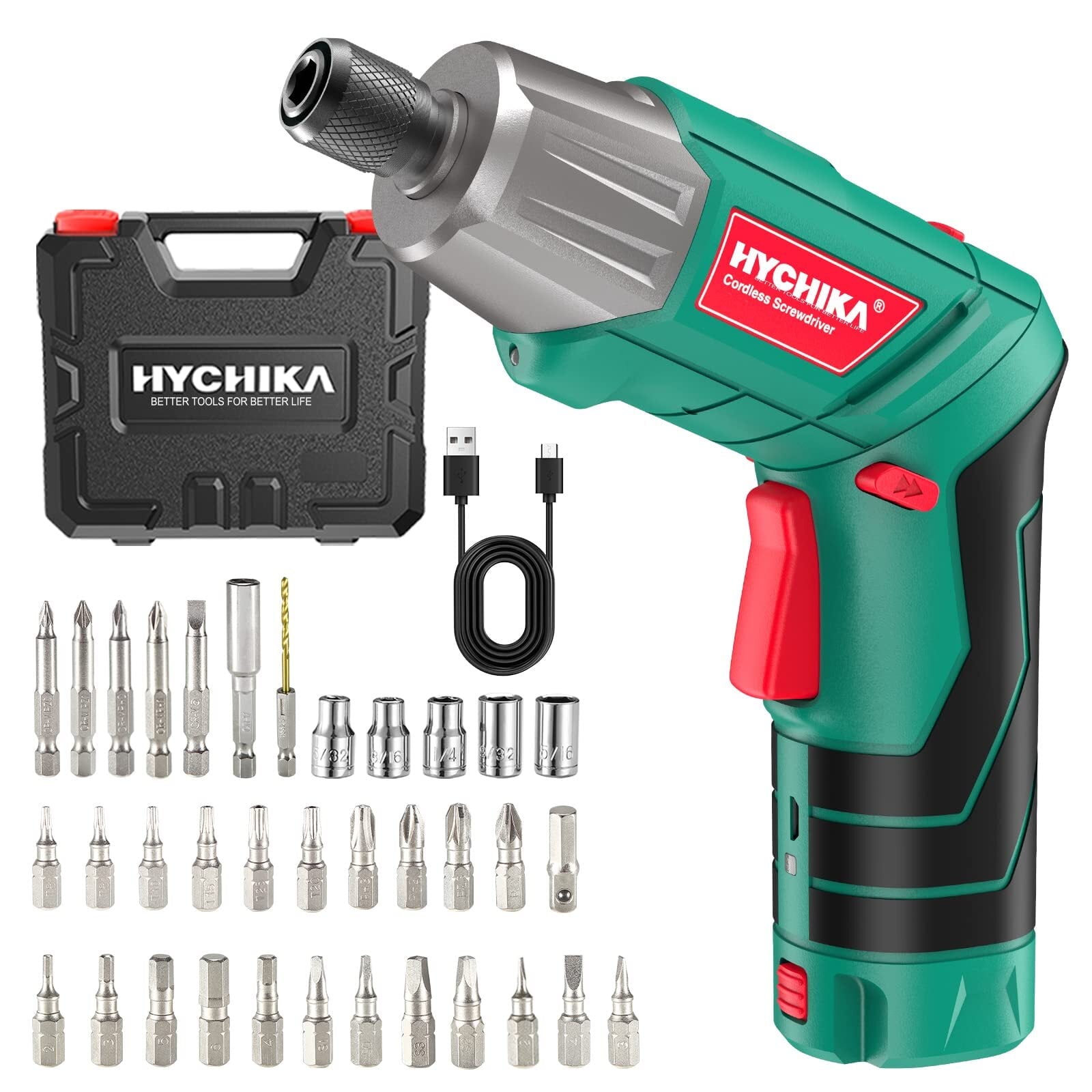 HYCHIKA 4V 2.0Ah Electric Screwdriver Rechargeable Screw Gun \u0026 Bit Set,DC Charging with USB Cable