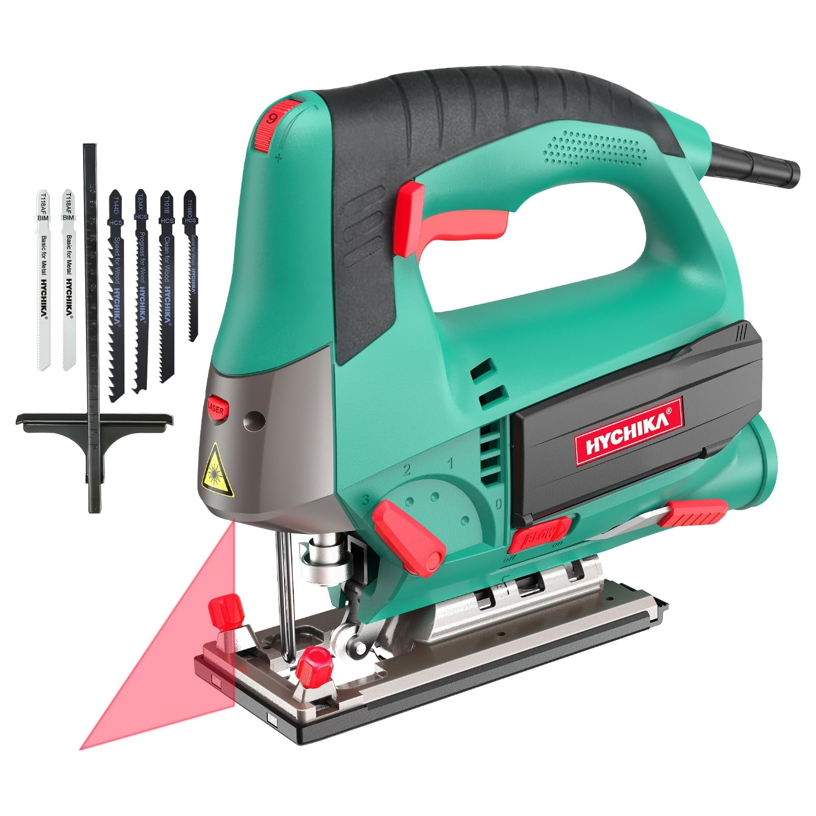 HYCHIKA Jigsaw, 6.7A Jig Saw 800-3000SPM with 6 Variable Speeds, 4 Orbital Sets, Bevel Angle 45°, 6PCS Blades, Pure Copper Motor, Laser Guide, Wood Metal Plastic Cutting