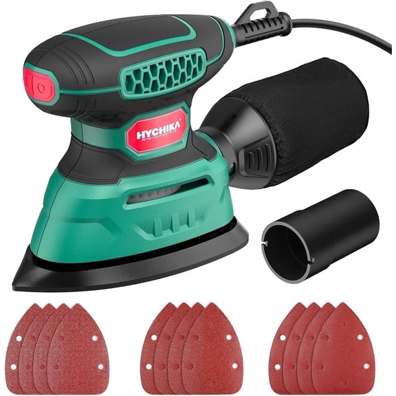 HYCHIKA Detail Sander, 13,000 OPM 1.2A Corded Compact Sander for Wood & Corners, with 12 Sanding Sheets, Dust Box & Vacuum Port