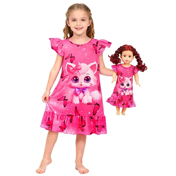 HYCLES Doll and Girl Matching Nightgown, Outfit Pajamas Night Dress for Girls and 18" Dolls Clothes