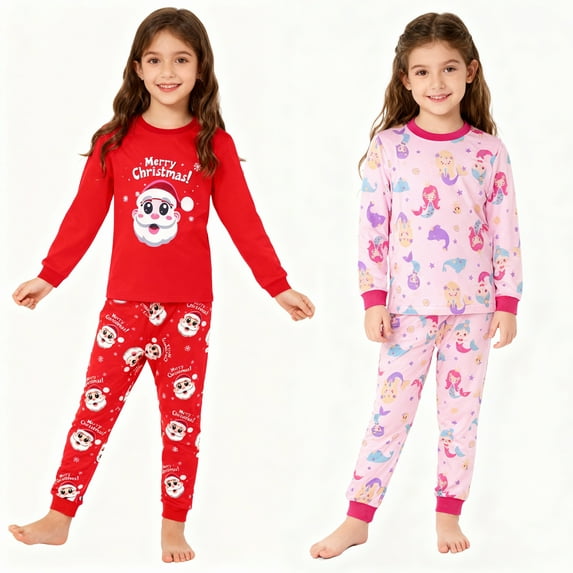 HYCLES Girls Christmas Pajamas Sets 4 Pieces Kids Cotton Sleepwear Long Sleeve PJS Set for Children daily wear and Christmas
