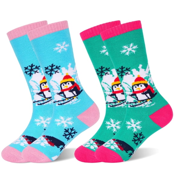 HYCLES Kids Ski Socks, Long Keen High Thermal Winter Socks for Boys, 2 Pairs Colorful Warm Ski Socks for Children, Soft Breathable Winter Outdoor Ski Socks for Skiing Skating Snowboarding