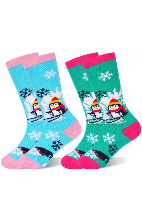Kids Ski Socks, Long Keen High Thermal Winter Socks for Boys, 2 Pairs Colorful Warm Ski Socks for Children, Soft Breathable Winter Outdoor Ski Socks for Skiing Skating Snowboarding