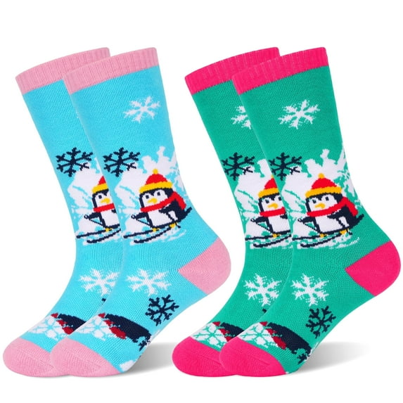 HYCLES Kids Ski Socks, Long Keen High Thermal Winter Socks for Boys, 2 Pairs Colorful Warm Ski Socks for Children, Soft Breathable Winter Outdoor Ski Socks for Skiing Skating Snowboarding