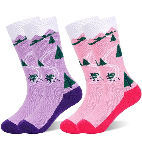 HYCLES Kids Ski Socks, Long Keen High Thermal Winter Socks for Boys, 2 Pairs Colorful Warm Ski Socks for Children, Soft Breathable Winter Outdoor Ski Socks for Skiing Skating Snowboarding
