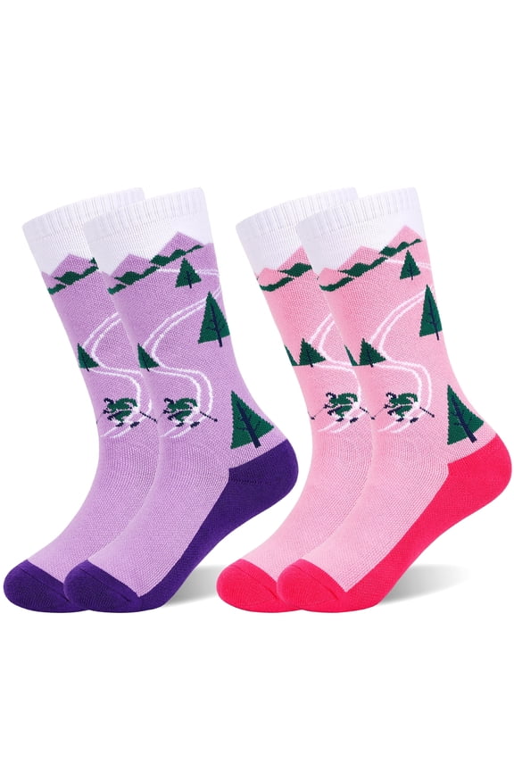Kids Ski Socks, Long Keen High Thermal Winter Socks for Boys, 2 Pairs Colorful Warm Ski Socks for Children, Soft Breathable Winter Outdoor Ski Socks for Skiing Skating Snowboarding