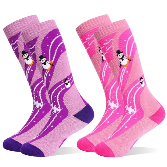 HYCLES Kids Ski Socks, Long Keen High Thermal Winter Socks for Boys, 2 Pairs Colorful Warm Ski Socks for Children, Soft Breathable Winter Outdoor Ski Socks for Skiing Skating Snowboarding