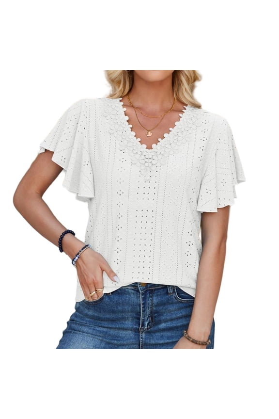 Women's Eyelet Tunic Blouse Lace Patch V-Neck Ruffle Short Sleeve Top Floral Neckline Summer T-Shirt for Daily & Work