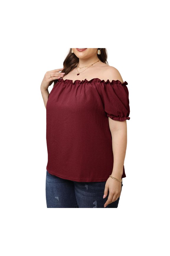 Women's Plus Size Off The Shoulder Blouse Puff Sleeve Off Shoulder Top Ruffled Off The Shoulder Casual Summr Shirt