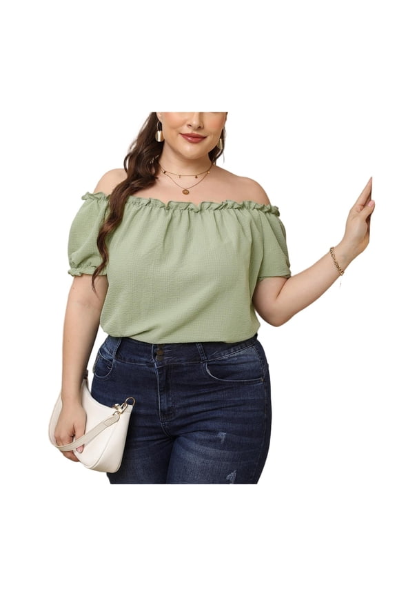 Women's Plus Size Off The Shoulder Blouse Puff Sleeve Off Shoulder Top Ruffled Off The Shoulder Casual Summr Shirt