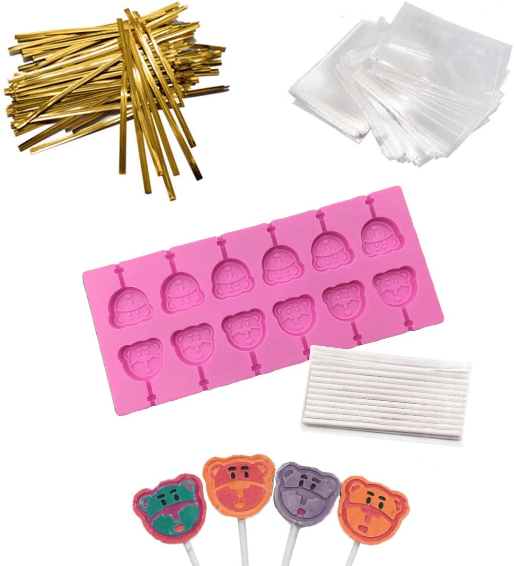 Hycsc 12 Capacity Silicone Lollipop Molds,Chocolate Hard Candy Mold with 50pcs 4 inch Lollypop Sucker Sticks,Candy Treat Bags,Gold Ties. (Round), Size