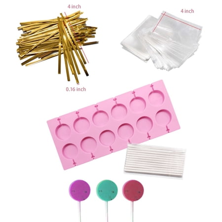 HYCSC 12 Capacity Silicone Lollipop Molds,Chocolate Hard Candy Mold with 50pcs 4 inch Lollypop sucker sticks,Candy Treat Bags,gold ties. (Round)
