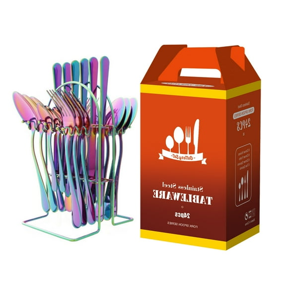 HYCSC 25-Piece Rainbow Stainless Steel Flatware Set with Mirror Polished Handles (Service for 6)