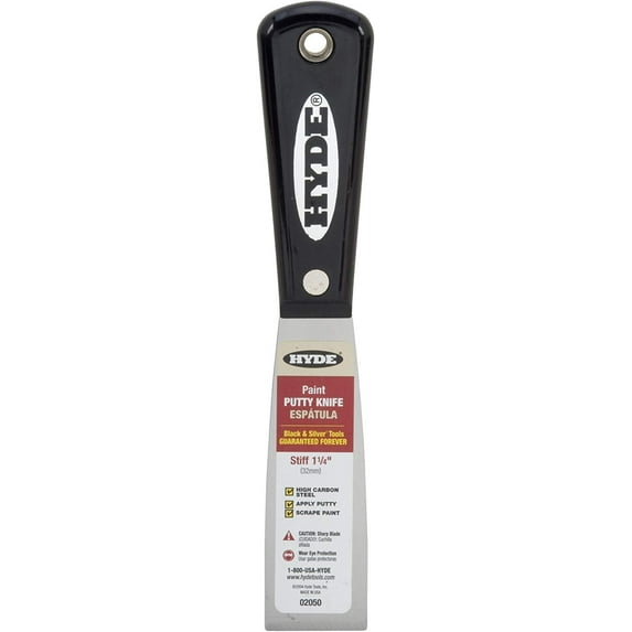 HYDE 02050 and Silver Putty Knives, Professional, 1-1/4 in. Blade Wdth, 1 Pack, Black