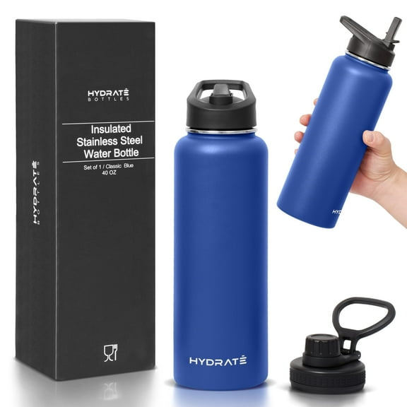 HYDRATE 40 oz Stainless Steel Water Bottles - Double-Wall Vacuum Insulation - Chug and Straw Lid - Keeps Drinks Cold or Hot for Longer - Leak-Proof with Strap - Ideal for School -Classic Blue