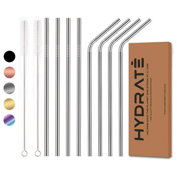 HYDRATE Stainless Steel Straws - Reusable, Eco Friendly - BPA Free Metal Straw - Many Colour Options (8 Pack, Black)