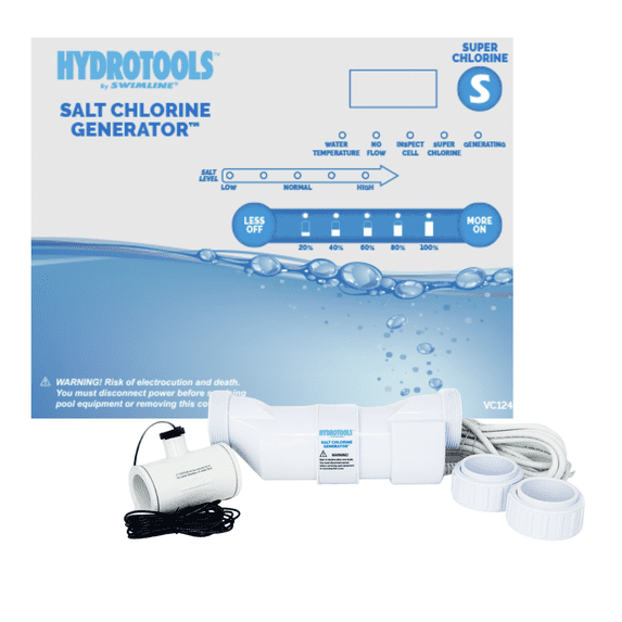HYDROTOOLS By SWIMLINE 87615 Salt Water Chlorine Generator System For Pools Up To 15K Gallons, 7 Titanium Plates 0.8 Lbs CL Output, Universal Compatibility Easy Install Above & Inground Swimming Pools