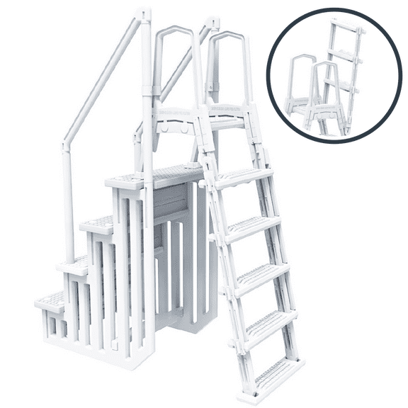 HYDROTOOLS By SWIMLINE 87945 Premium Resin In-Pool Step & Ladder Entry Exit Combo With Handrails For Above Ground Pools | 48 To 54 Inch Height | Extra Large Non Slip Treads And Flip Up External Ladder