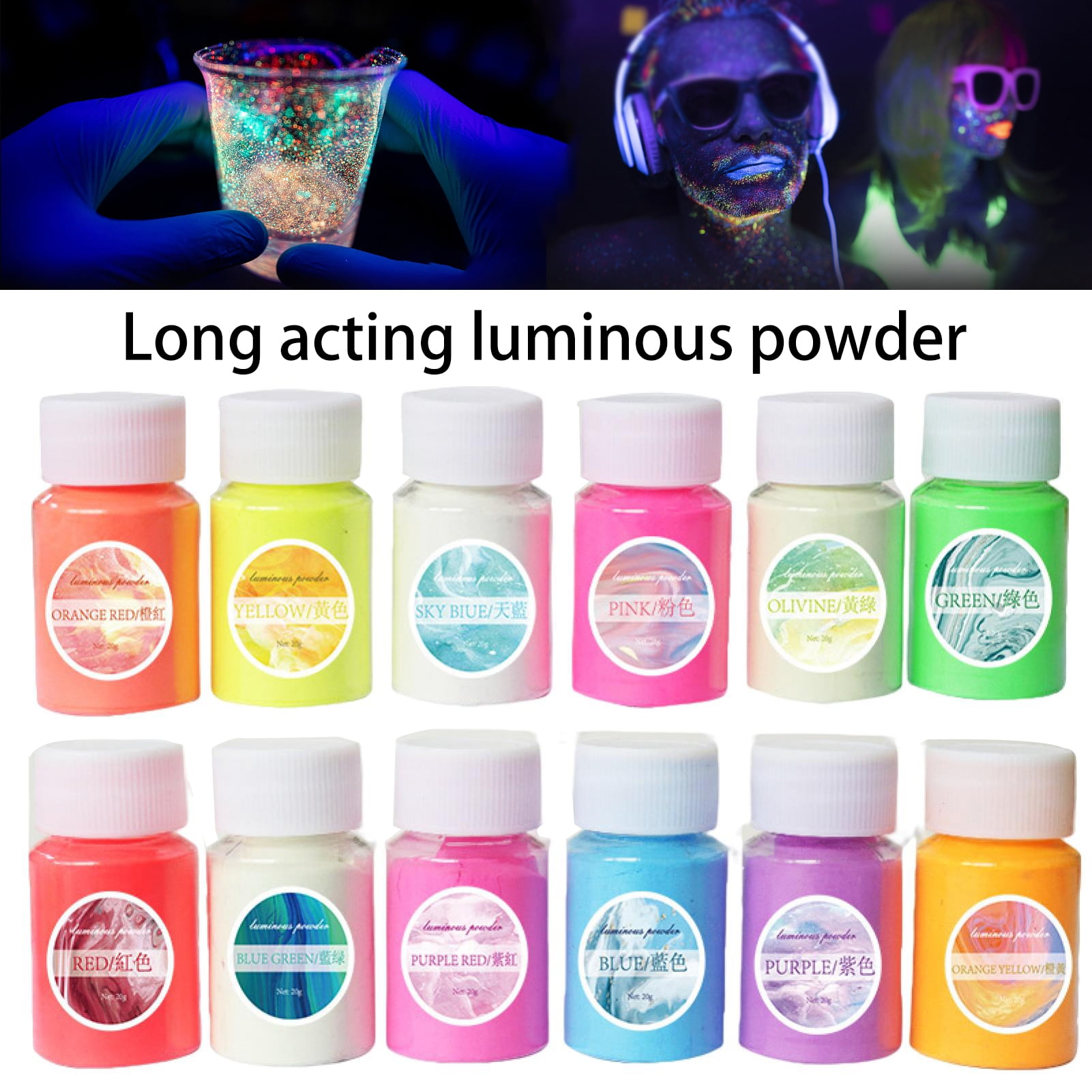 Glow in the Dark Pigment Powder - 12 Luminous Colors x 20 Gram
