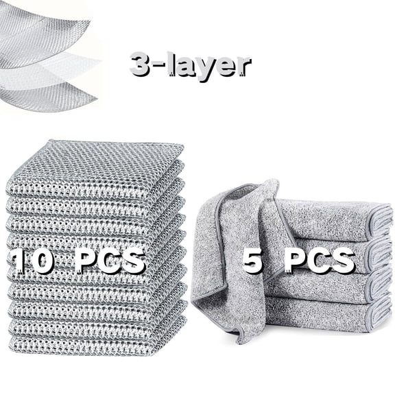 HYEASTR 15 Pack Kitchen Towels and Dishcloths Sets, 5 Pack Soft Super Absorbent Quick Drying Dish Towels & 10 Pack Triple-Layer Wire Dishwashing Rag for Kitchen, Washing Dishes