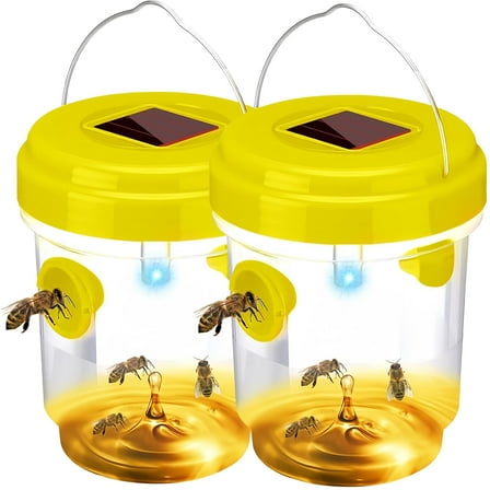 HYEASTR 2 Packs Solar Powered Wasp Trap Outdoor Hanging, Yellow Jackets, Hornets,Carpenter Bees, Mud Daubers Trap Reusable for Garden, Patio, Yard - Yellow