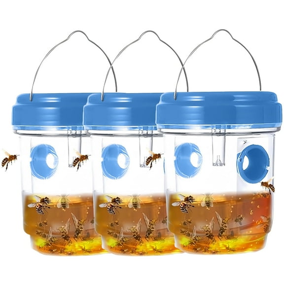 HYEASTR 3 Packs Wasp Trap, Solar Wasp Traps Hanging, Reusable Yellow Jacket Bee Trap for Outside, with LED Light, Wasps Killer, Hornet Traps for Orchard, Farm, Garden, Patio, Courtyard - Blue